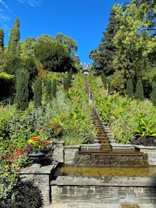 A garden landscape features a cascade of water descending a series of stone steps, surrounded by vibrant greenery and colorful flowers. Tall, lush trees frame the scene against a bright blue sky, creating a serene and picturesque environment.