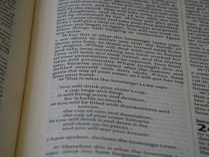 A close-up view of text on an open page, likely from a religious or historical book. The text includes references with numbered verses and the use of capitalized words for emphasis.