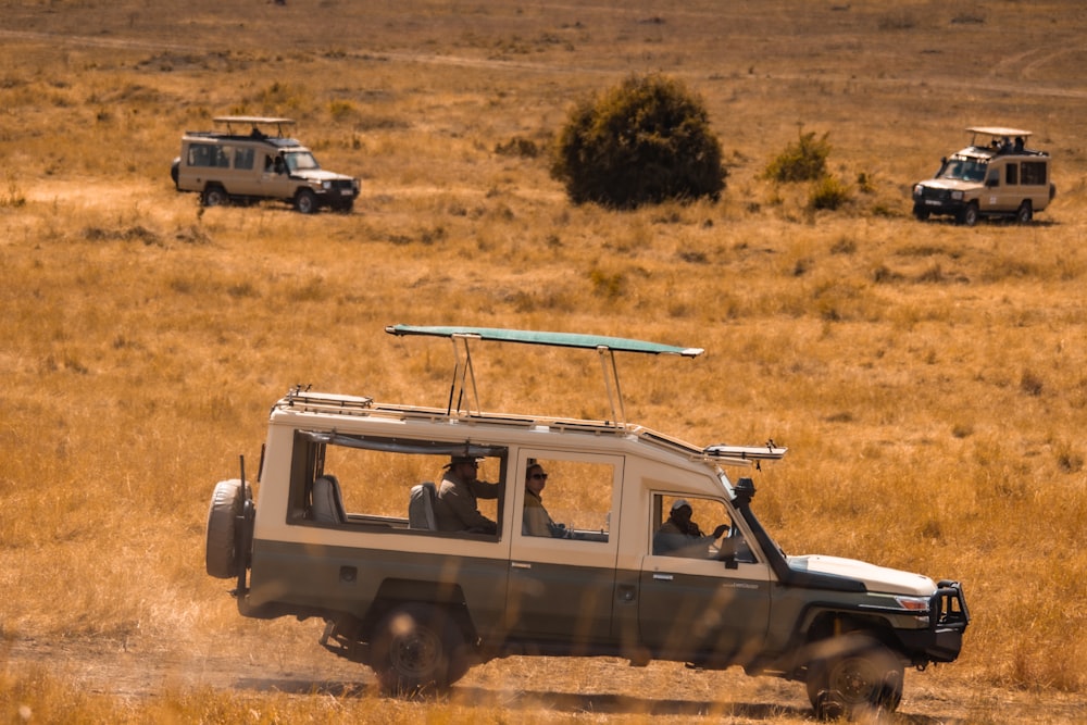 a safari vehicle driving through a dry grass field