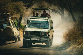 a safari vehicle driving down a dirt road