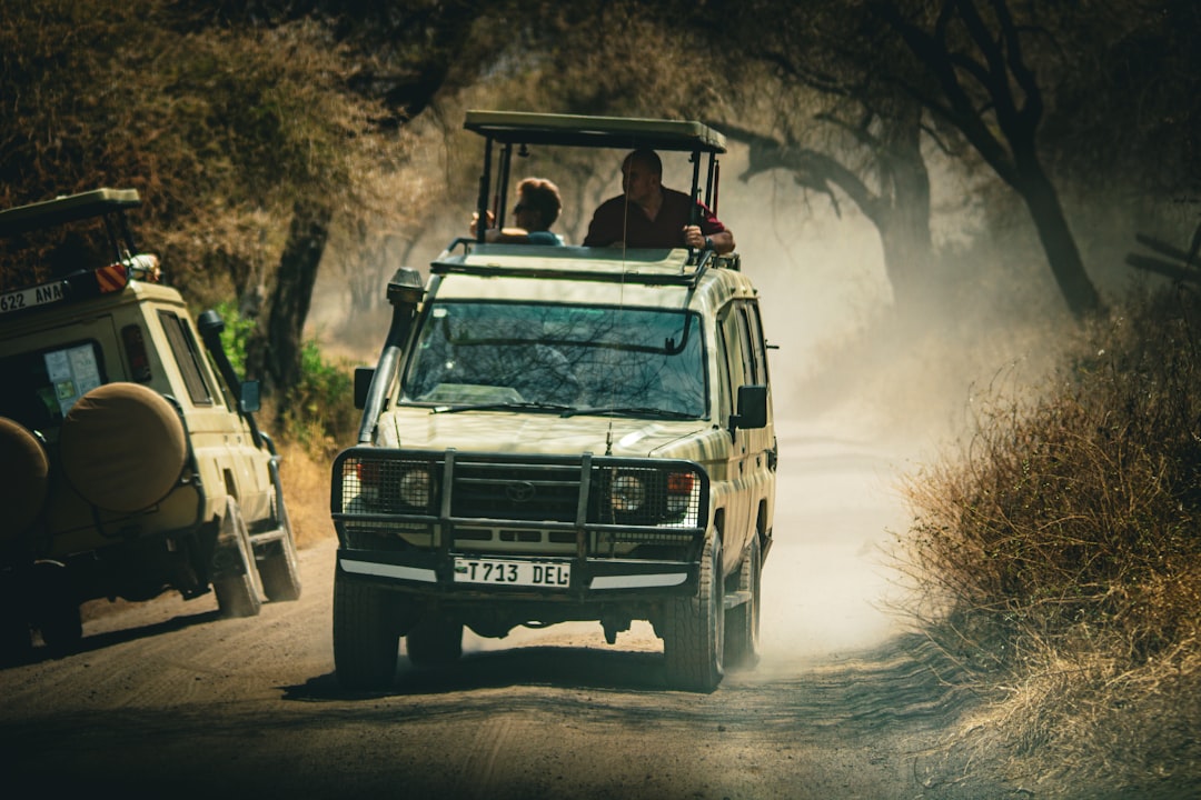 a safari vehicle driving down a dirt road,