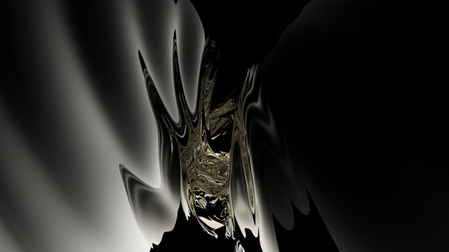 Abstract artwork featuring smooth, wavy lines with a metallic and glossy texture. Predominant black and gray hues create a dramatic contrast while the center features intricate, swirling golden tones, adding depth and intrigue.