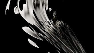 Abstract, fluid metallic forms swirl against a deep black backdrop, creating a sense of motion and elegance. The glossy, reflective surfaces interact with light, producing highlights and shadows that accentuate their curves and edges.