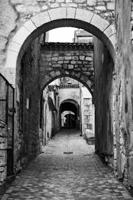 Close-up of weathered stone pathways winding through the historic town.