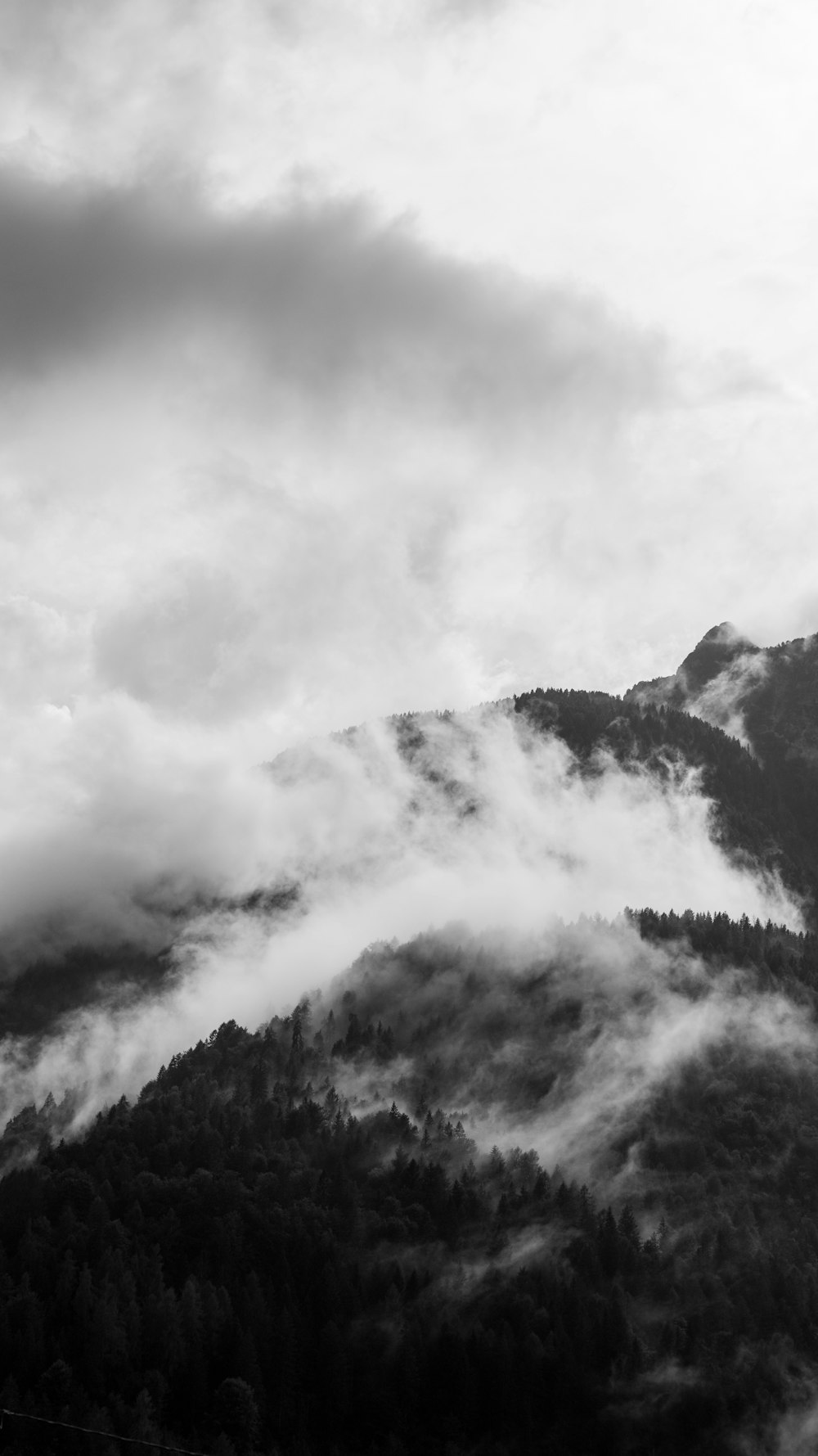 a black and white photo of a mountain covered in clouds