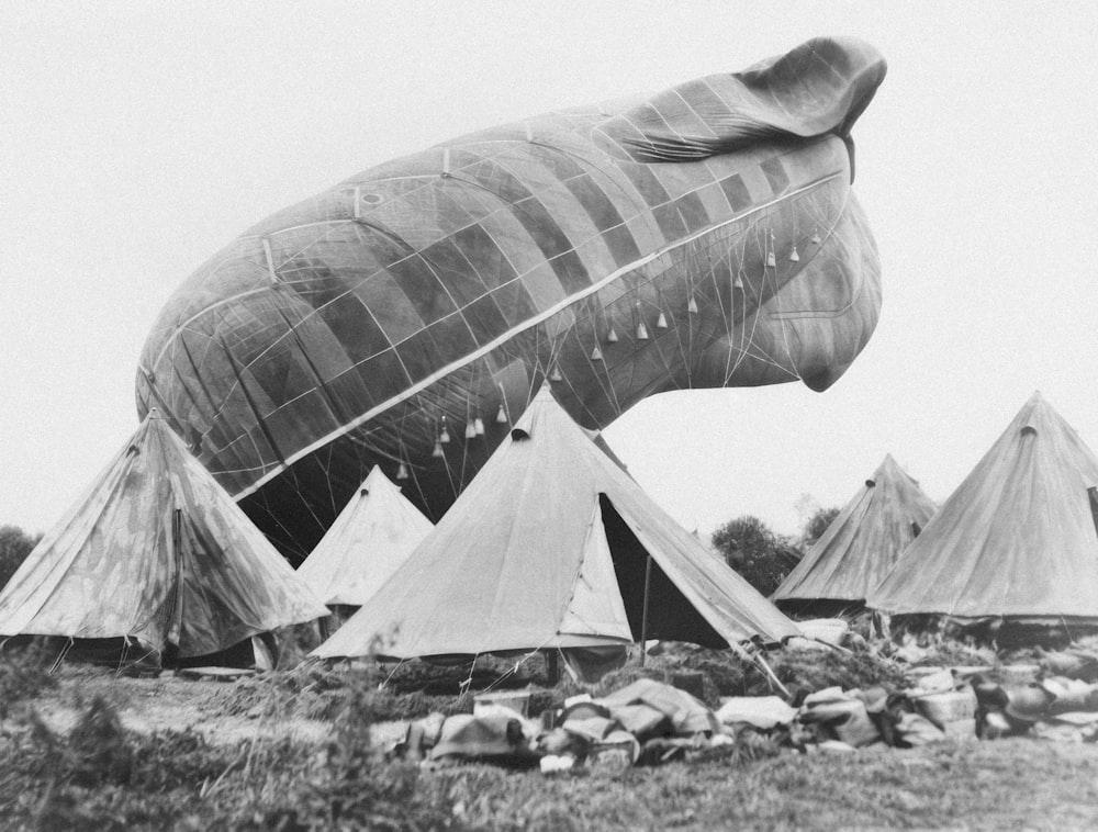 a group of tents sitting next to each other on top of a field