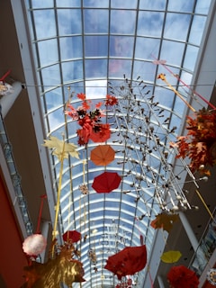 Decorative seasonal display near the central atrium attracting visitors' attention.