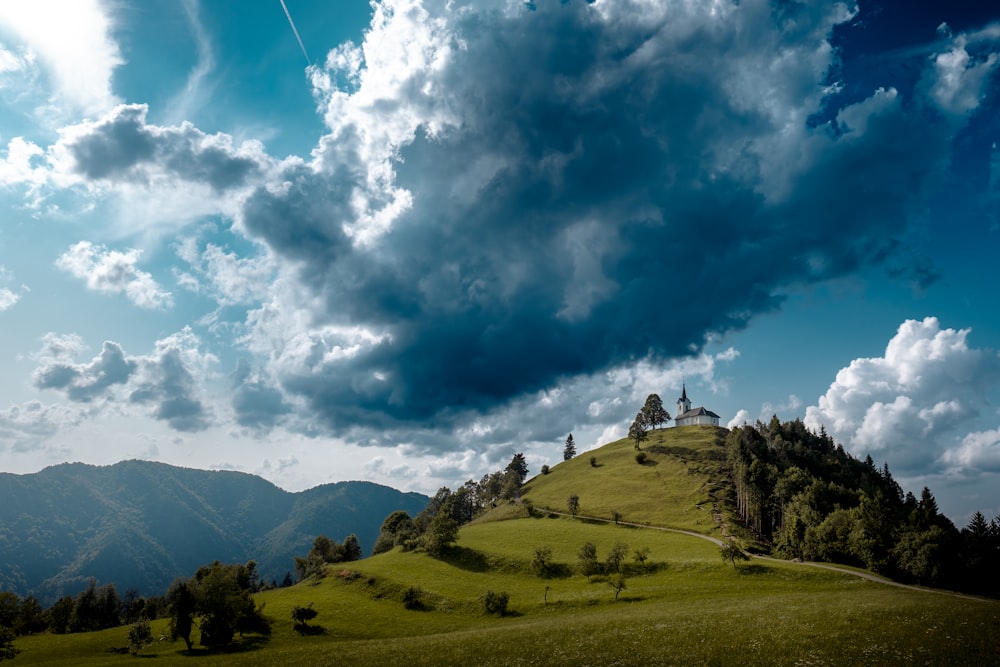 a grassy hill with trees on top under a cloudy sky