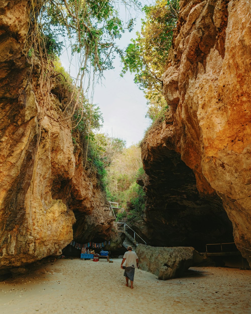 a man walking through a cave filled with trees