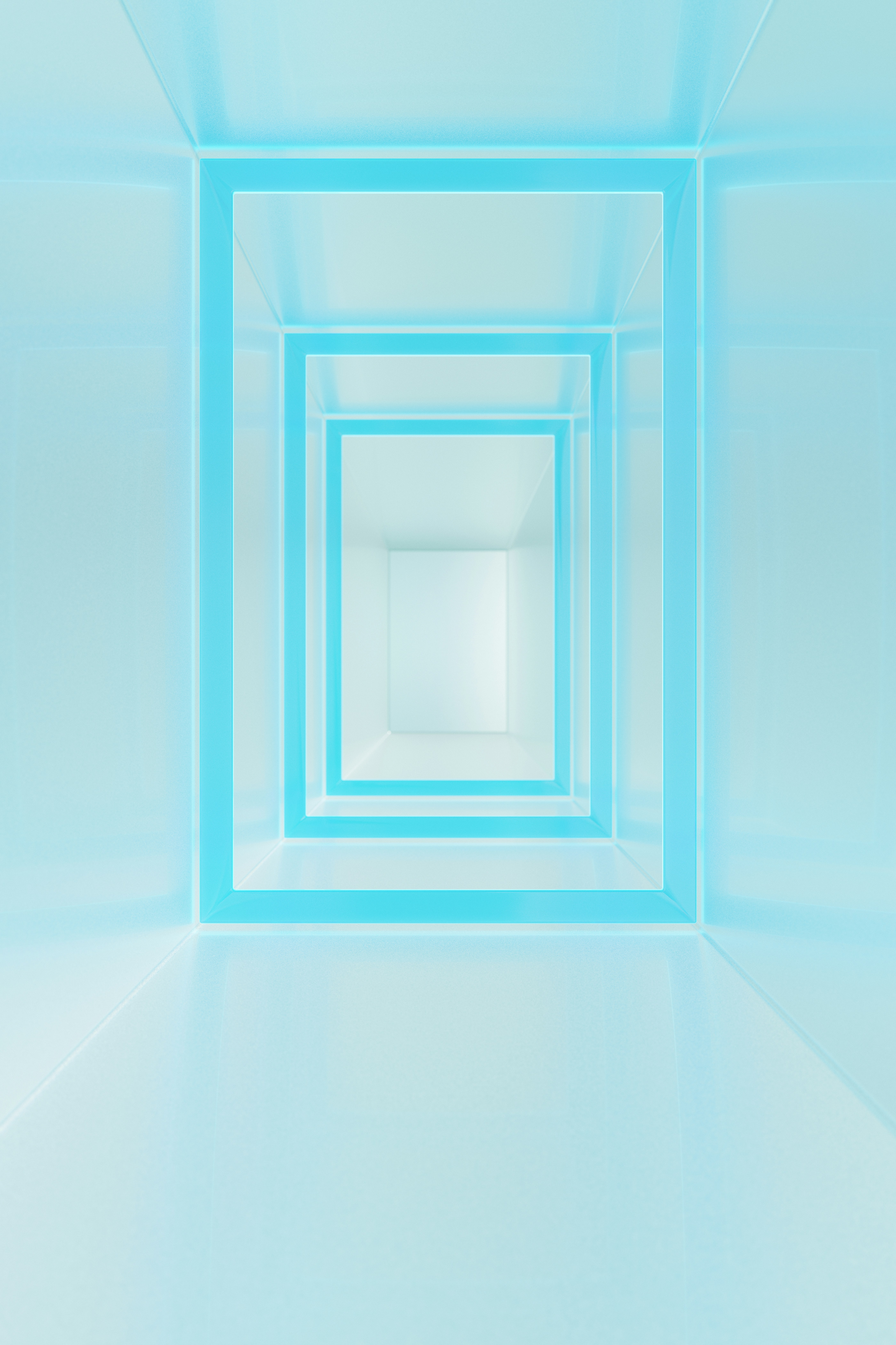 a white room with a blue square in the center