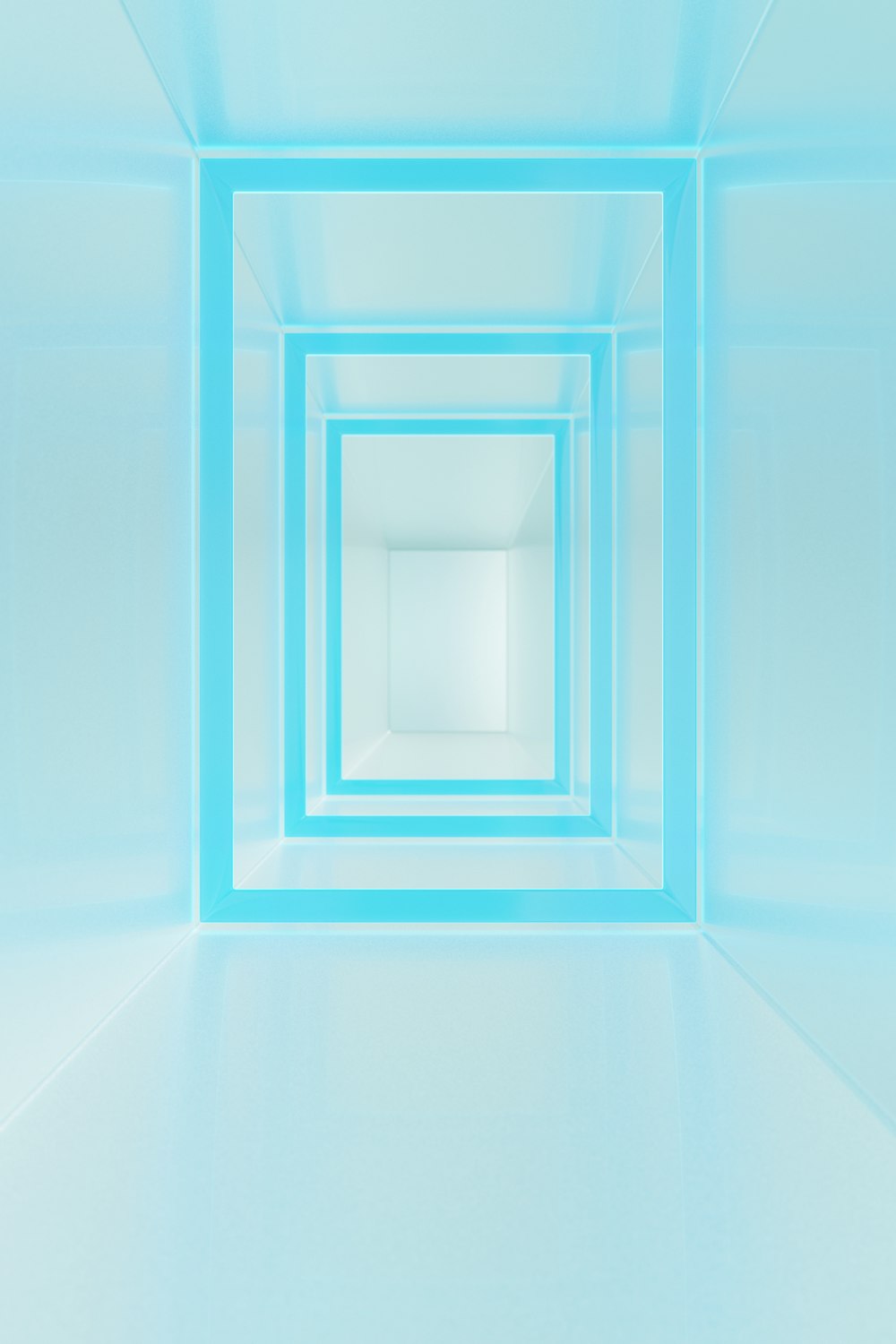 a white room with a blue square in the center