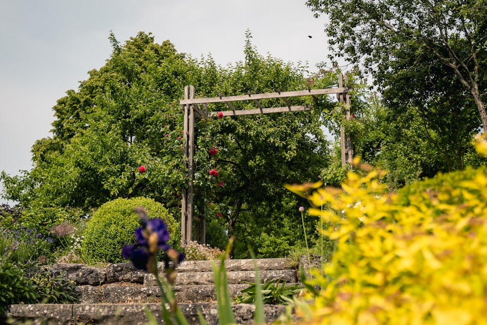 un giardino con un muro di pietra e un traliccio di legno