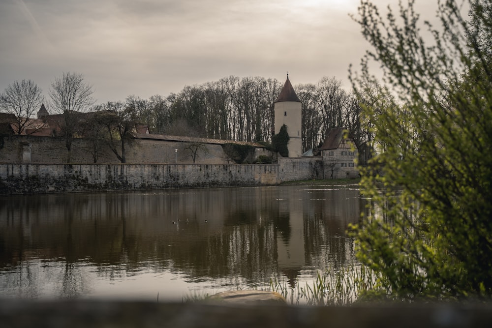 a castle sitting on top of a lake next to a forest