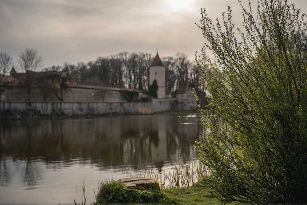 a body of water with a building in the background