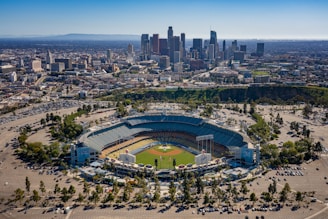 an aerial view of a baseball stadium with a city in the background