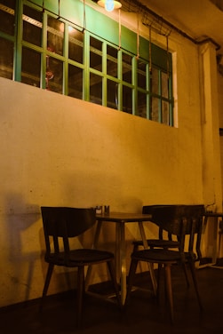 A cozy café interior with warm lighting and comfortable seating.