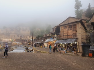 A foggy village scene featuring rustic houses with wooden shutters, shops displaying various goods, and people walking along a sloping path. The atmosphere is serene and somewhat mystical, with soft lighting from shop displays adding warmth to the misty environment.