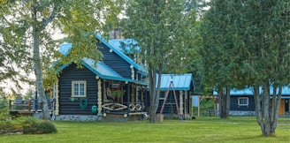 An exterior view of a charming cabin surrounded by trees, showcasing its new paint.