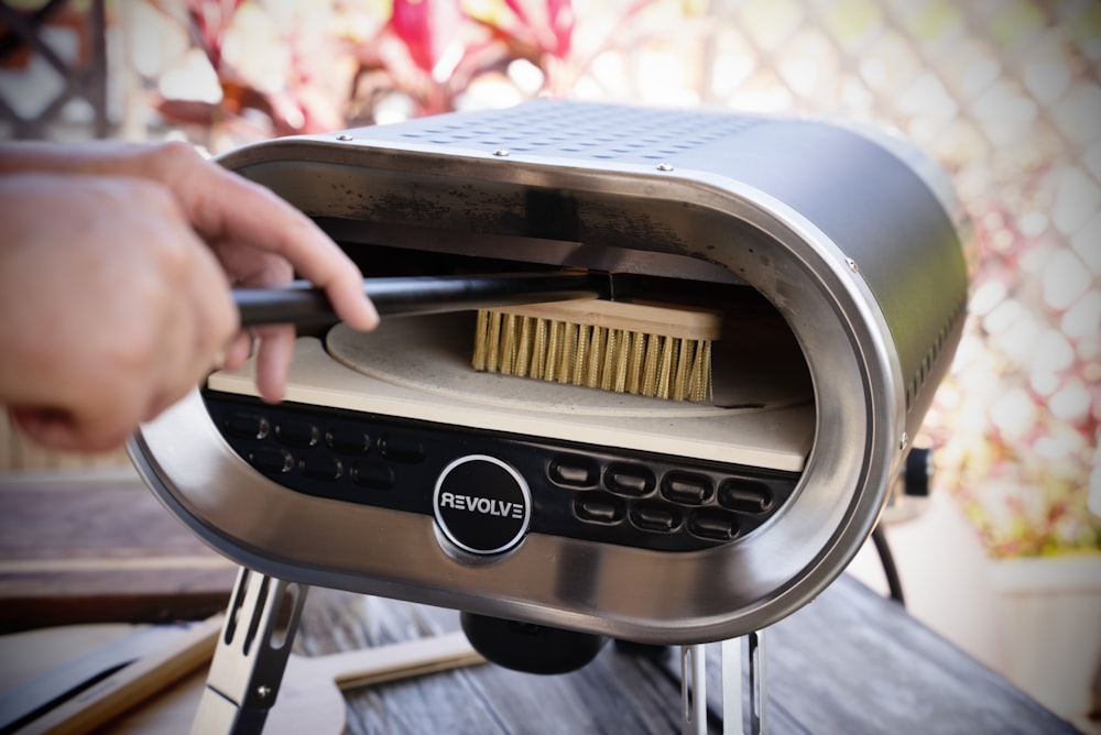 a close up of a toaster oven on a table