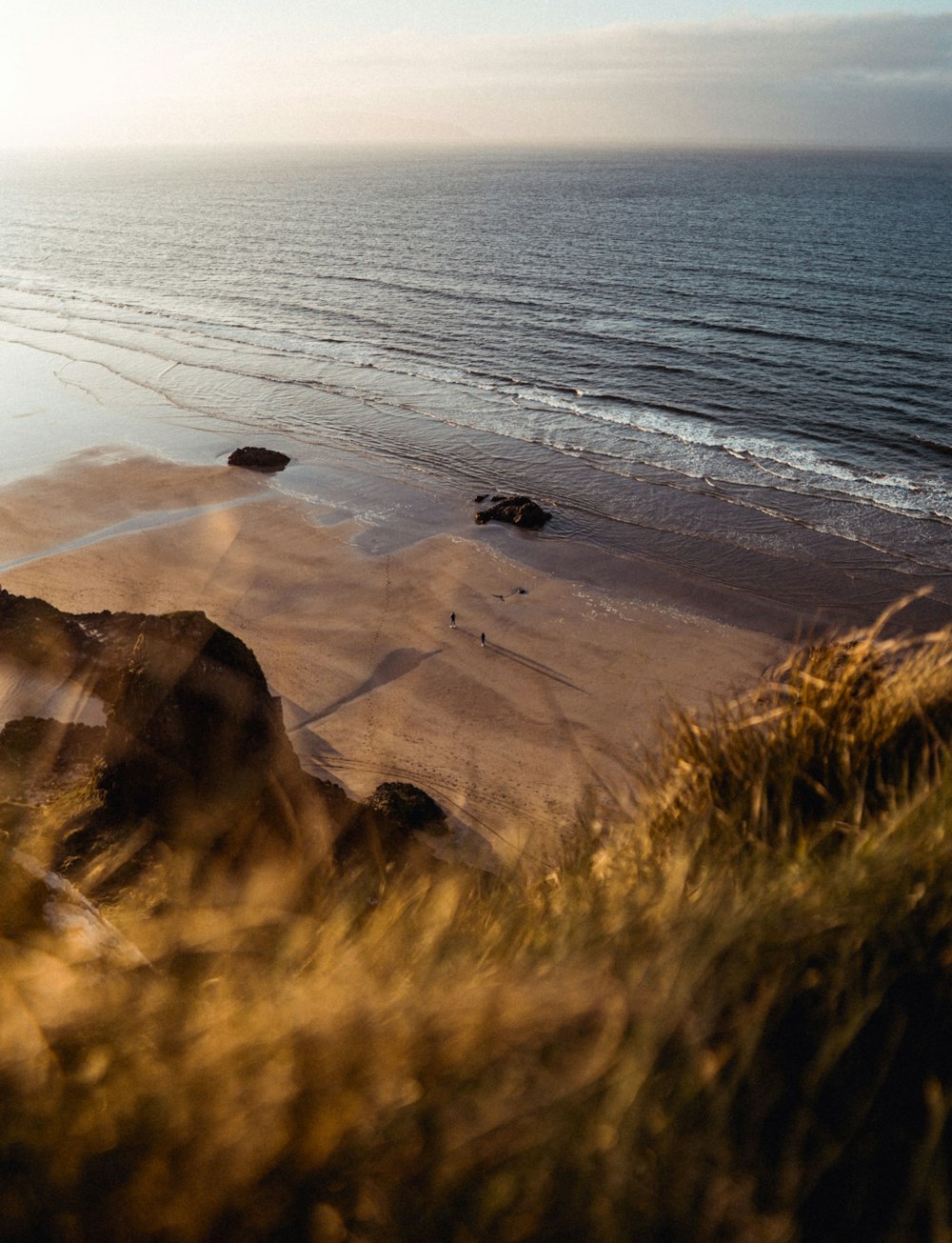 a view of a beach from the top of a hill