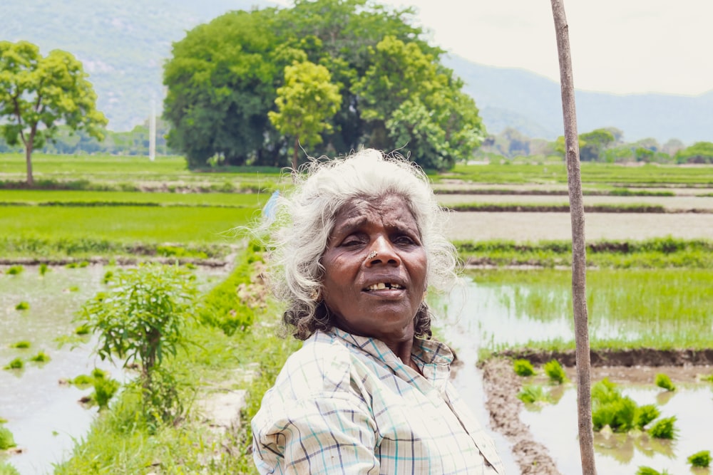 a woman standing in front of a rice field