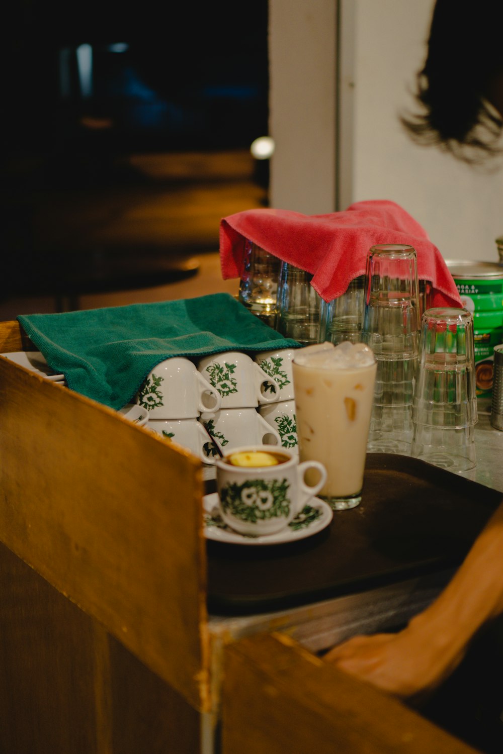 a tray of food and drinks on a table