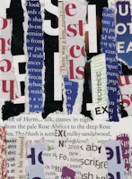 Close-up of a textured mixed-media collage featuring torn paper and bold, handwritten text.
