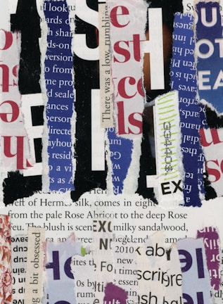 A collage of torn paper strips featuring various text fragments in different colors and fonts. The overlapping pieces of paper create an abstract and textured composition. Prominent colors include red, blue, black, and white, and the text seems to come from different types of documents or publications.