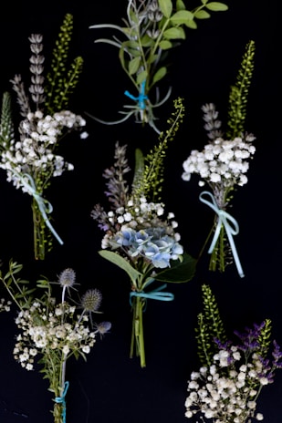 Small bouquets of delicate flowers arranged against a black background. The bouquets include a variety of white florals, some with hints of lavender and blue flowers, tied together with blue and white ribbons. Greenery adds a fresh contrast.