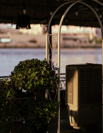 A potted plant with lush green leaves is situated under a metal archway, partially illuminated by soft light. In the background, an industrial air conditioning unit stands adjacent to the plant. The setting suggests an outdoor patio area, with a blurred body of water and distant buildings in the background.