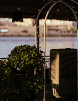 A potted plant with lush green leaves is situated under a metal archway, partially illuminated by soft light. In the background, an industrial air conditioning unit stands adjacent to the plant. The setting suggests an outdoor patio area, with a blurred body of water and distant buildings in the background.