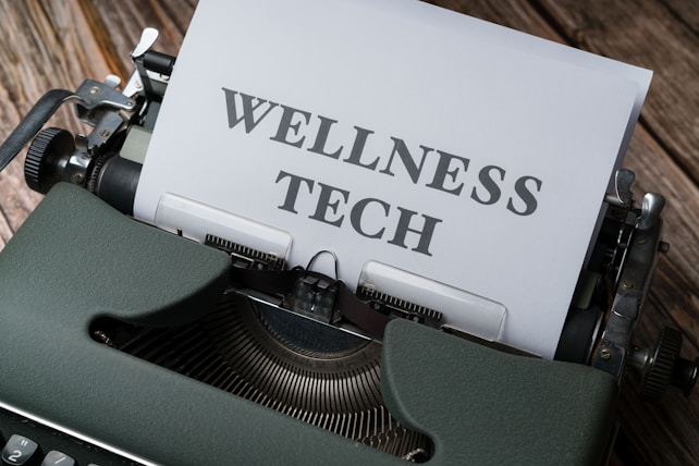 A typewriter with a sheet of paper in the carriage displaying the text 'WELLNESS TECH'. The typewriter is situated on a wooden surface, contributing to a vintage look.