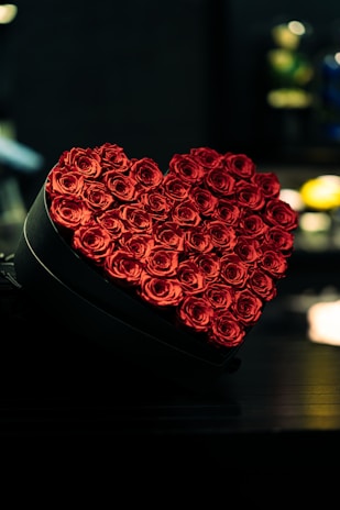 Artistic shot of a box of deep red roses tied with a subtle gold ribbon, resting on a sage green background.