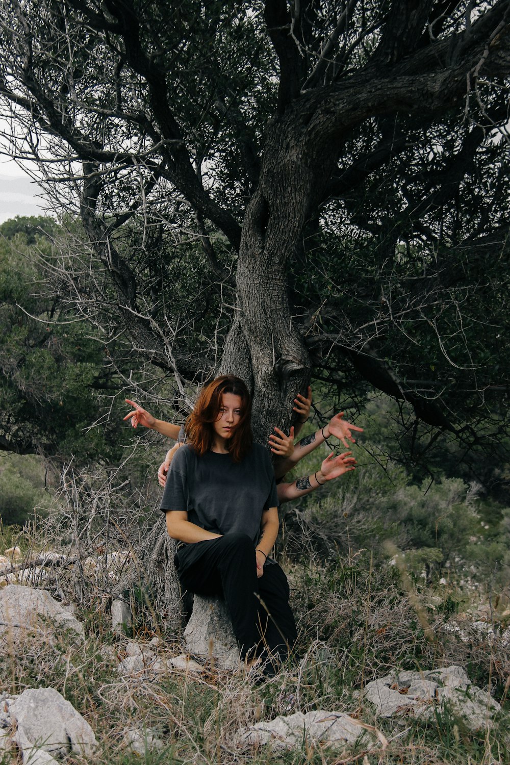 a woman sitting on a rock in front of a tree