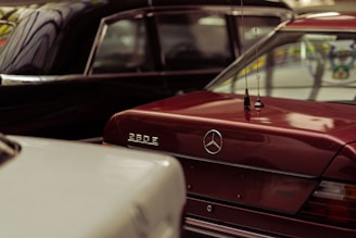Close-up view of the rear end of a red vintage Mercedes-Benz 260E car. The car is parked indoors, surrounded by other cars, including a black car and a white car. The scene suggests an indoor garage or showroom setting.