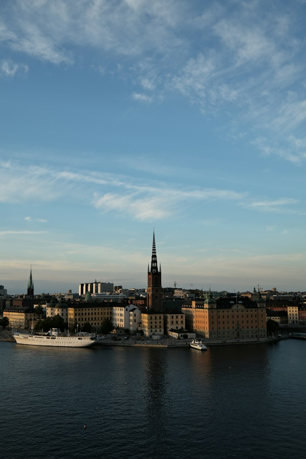 a large body of water with a city in the background