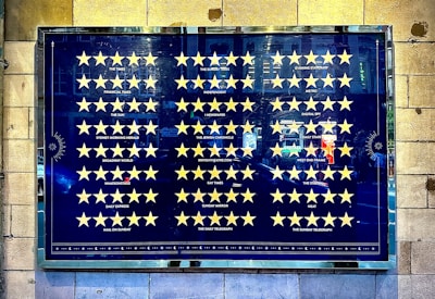 A framed poster with a grid of yellow stars against a dark blue background, accompanied by names of various newspapers and publications. Each row features publications such as The Times, Evening Standard, and others, each followed by a corresponding row of yellow stars.