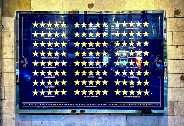 A framed poster with a grid of yellow stars against a dark blue background, accompanied by names of various newspapers and publications. Each row features publications such as The Times, Evening Standard, and others, each followed by a corresponding row of yellow stars.