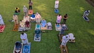 A group of people are gathered on a grassy area, each standing on colorful prayer rugs. They are positioned in rows, engaged in prayer. The scene appears serene and orderly, suggesting a communal activity or event.