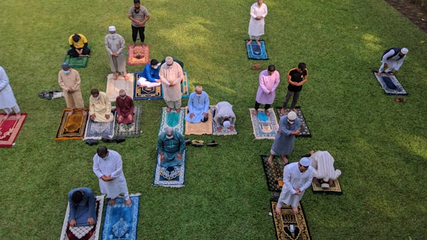 A group of people are gathered on a grassy area, each standing on colorful prayer rugs. They are positioned in rows, engaged in prayer. The scene appears serene and orderly, suggesting a communal activity or event.