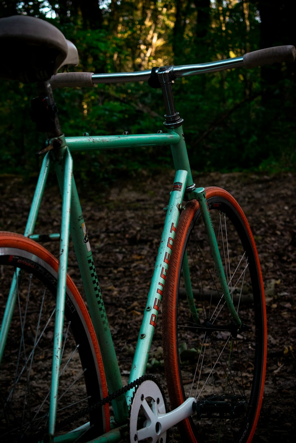 a green bicycle parked in a wooded area
