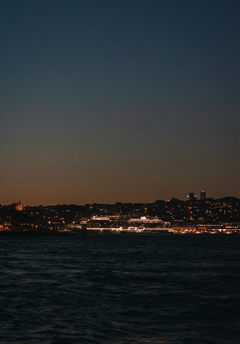 a large body of water with a city in the background