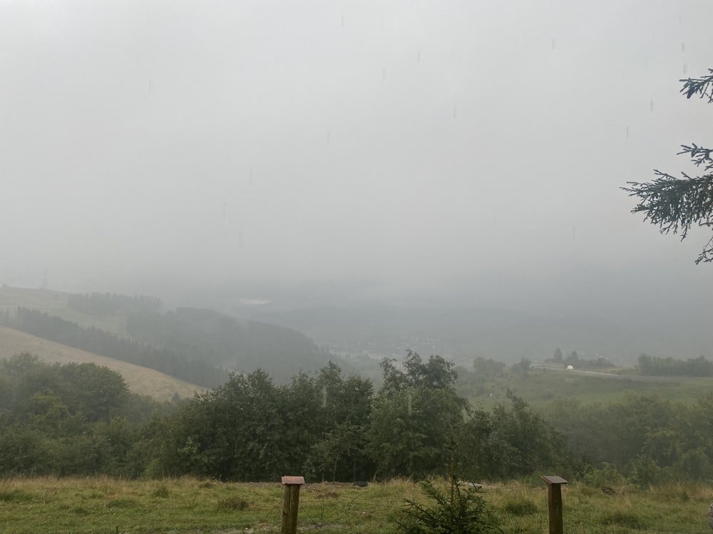 a foggy view of a field with trees and hills in the distance