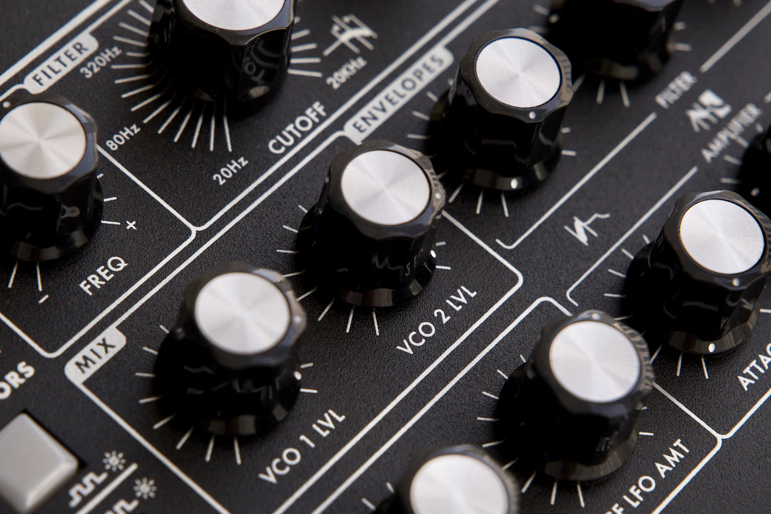 Nullwave mono synthesiser control panel with filter and oscillator knobs, in stock
