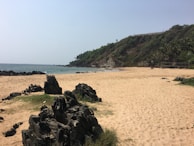 A secluded beach with golden sand and rocky formations scattered across the shoreline. In the background, lush green hills rise, covered with tropical vegetation, including palm trees. The sea extends to the left, its waves gently meeting the beach. The sky is clear and blue, creating a serene atmosphere.