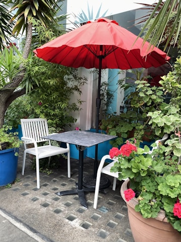 a patio with a table and chairs and an umbrella