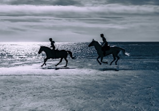 two people riding horses on a beach near the ocean