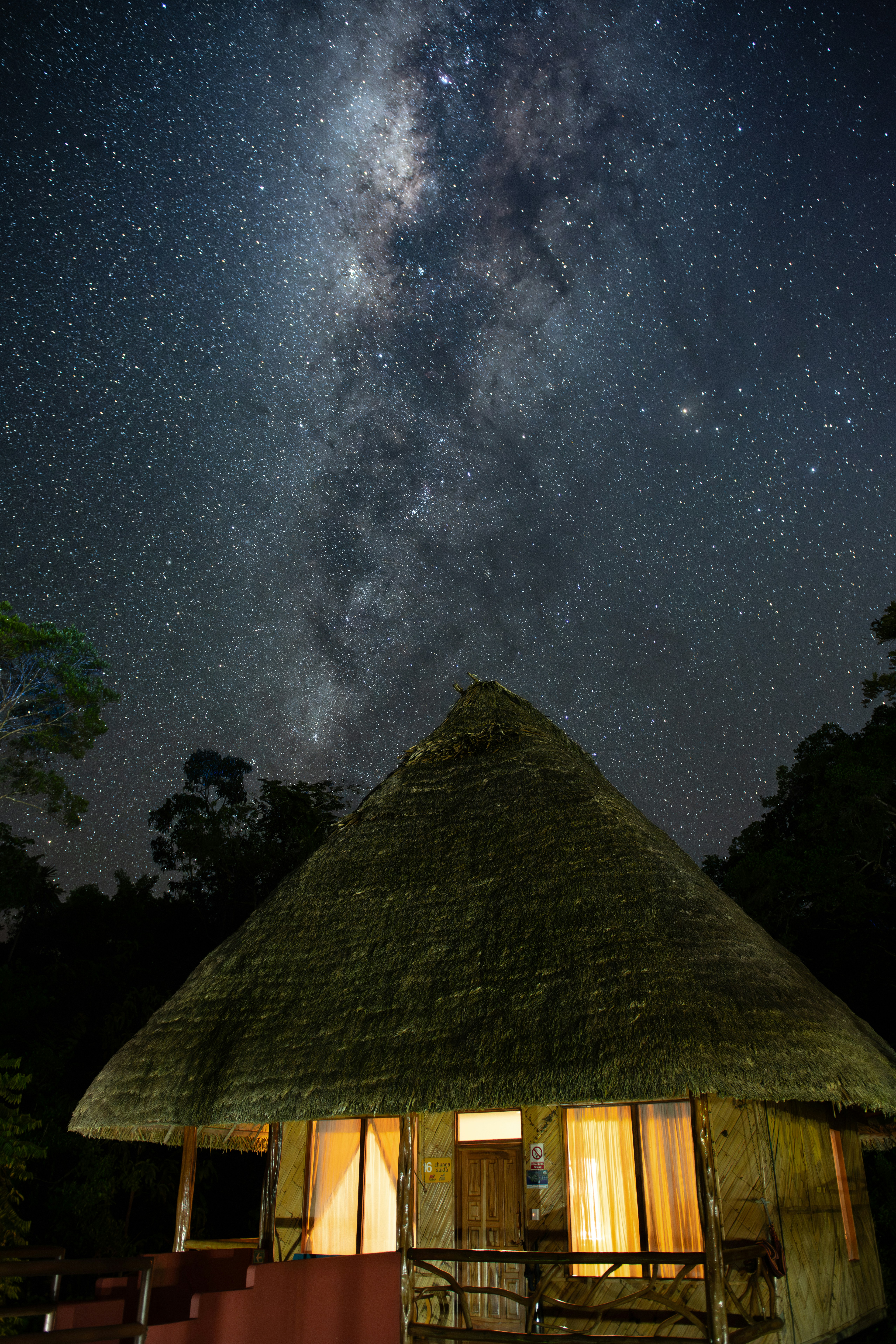 a hut with a thatched roof under a night sky filled with stars