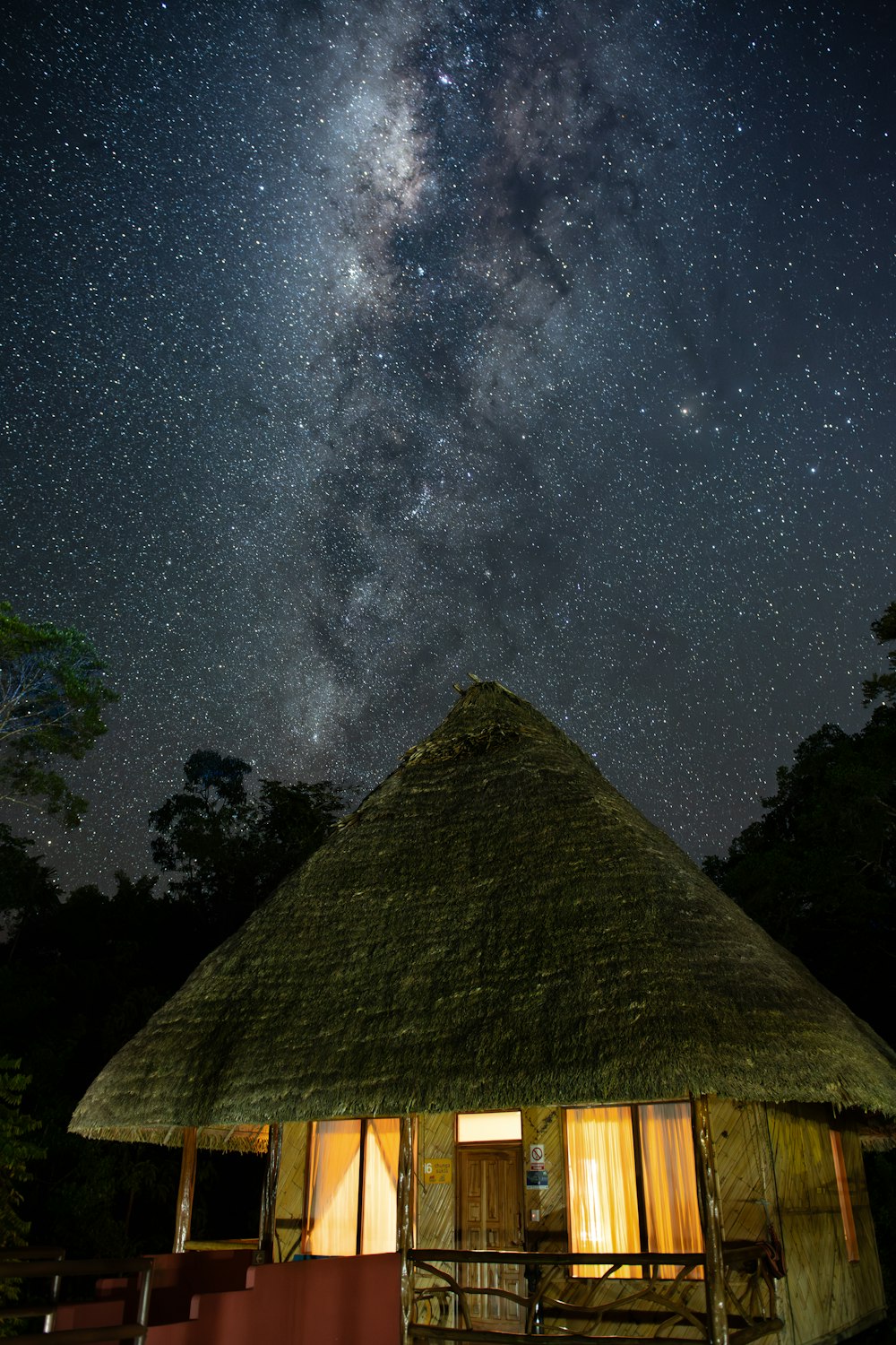 a hut with a thatched roof under a night sky filled with stars