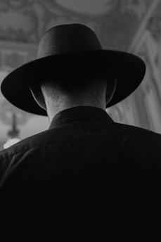 The image features a person from behind, wearing a broad-brimmed hat and a dark shirt. The setting appears to be indoors, with soft, ambient lighting highlighting the contours of the hat and the person's shoulders. The background is blurred, suggesting an ornate interior with decorative patterns on the walls or ceiling.